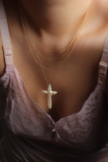 Evangeline Pearl Cross Necklace - Valentina New York - 18" - big pearl necklace